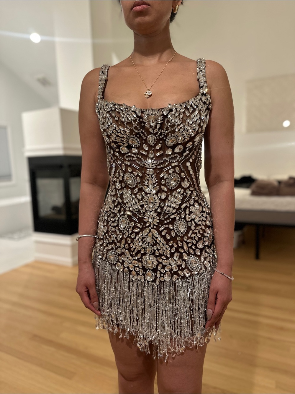 Albina Dyla Crystal-Embellished Black Mini Dress with Fringe - Picture 2 of 9